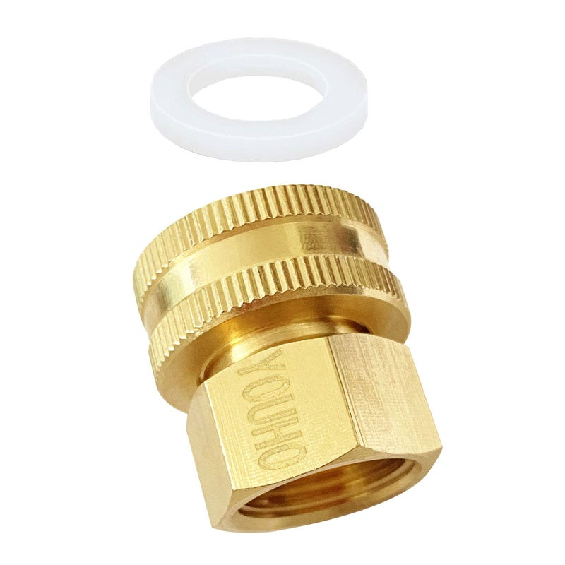 YOUHO محول خرطوم حديقة YOUHO مزدوج أنثوي نحاسي دوار بحجم خيط 1/2 NPT (F) إلى 3/4 NH (F) وصلة تمديد خرطوم الحديقة (1 عبوة) - Image 1
